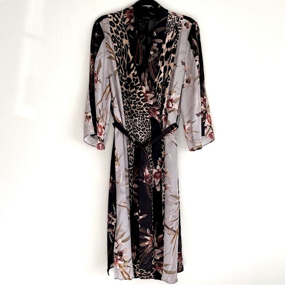 ALL SAINTS ELSA KUROYURI LEOPARD FLORAL KIMONO SLEEVE MIDI WRAP DRESS Gray 8 - Picture 6 of 15